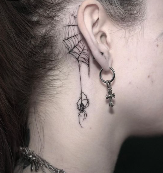 Hanging Spider Behind The Ear Tattoo