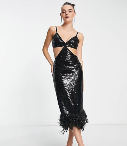 Black Feather Sequined Dress
