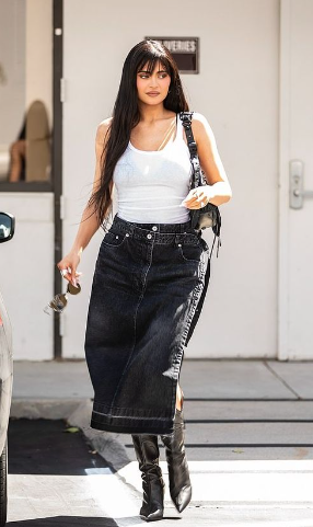 Kylie Jenner Denim Skirt Outfit